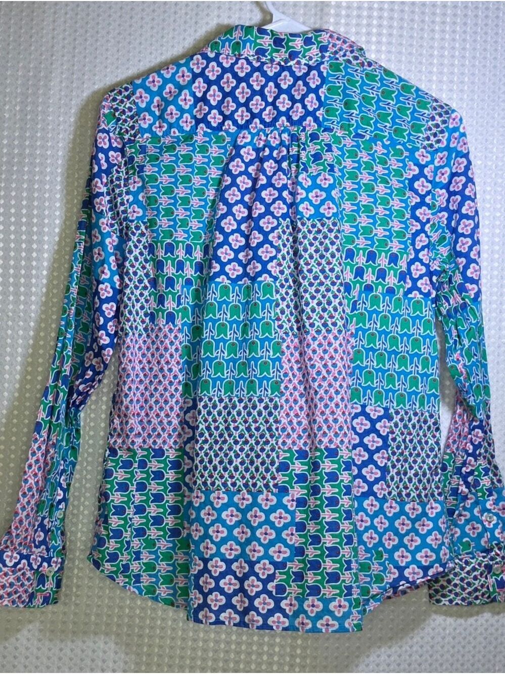 Talbots Petites Patchwork Print Button Front Blouse Blue Pink Green MP - Picture 4 of 16
